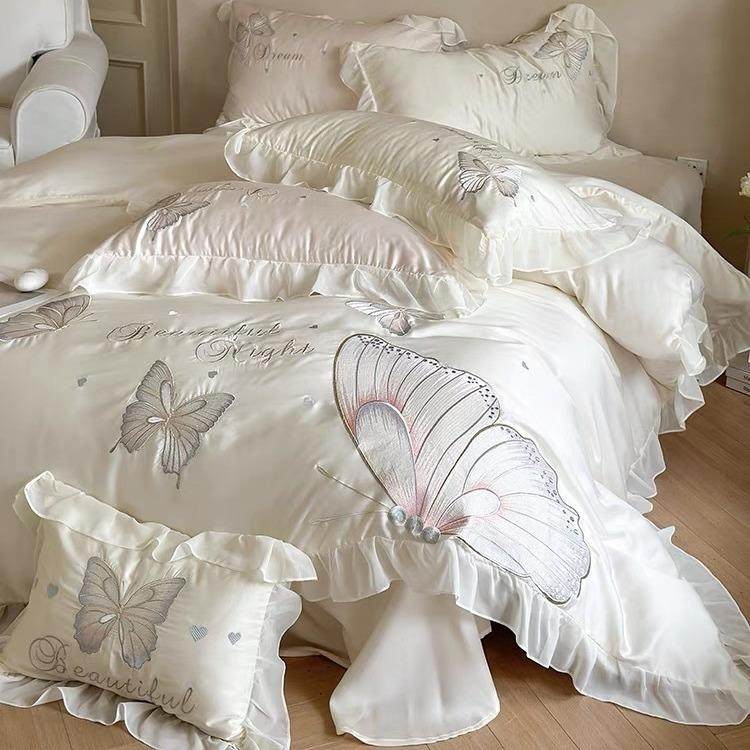 法式浪漫四季长绒棉四件套少女心蝴蝶刺绣荷叶边被套全棉床上用品