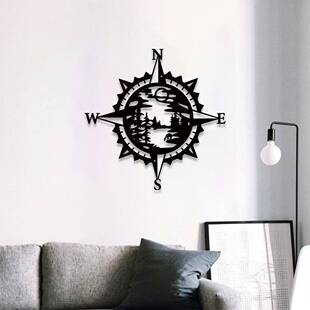 景观艺术铁艺工艺品金属铁艺森林湖泊指南针壁挂家居客厅墙上挂件