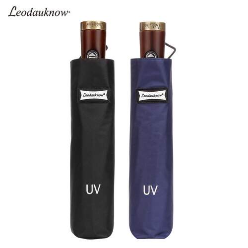 Leodauknow全自动十骨黑胶防晒伞实木铜柄加固商务伞晴雨伞广告
