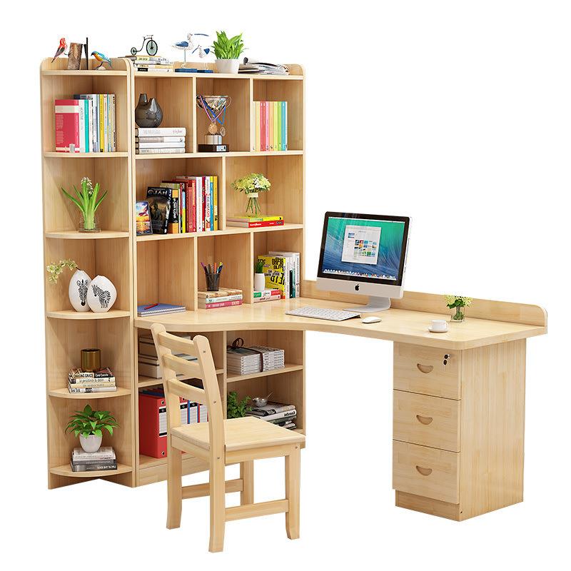 实木转角书桌书架组合电脑台式桌家用儿童学习桌简约学生写字桌子