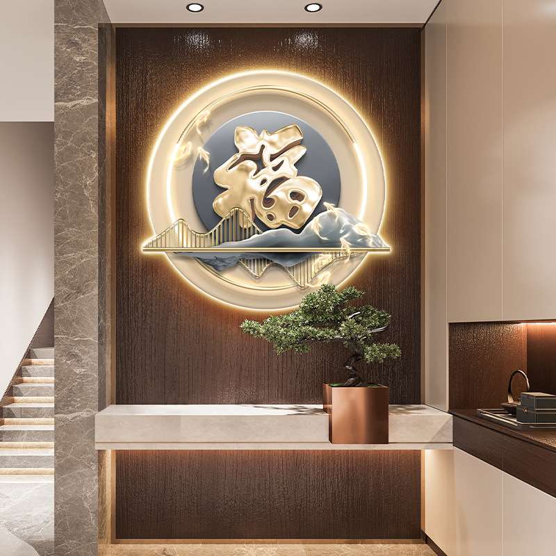轻奢福鹿生财玄关装饰画寓意好走廊过道挂画福字圆形入户带灯壁画图片
