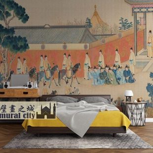 古风复古红楼梦壁纸新中式古画墙纸仕女图墙布元妃省亲壁画背景墙