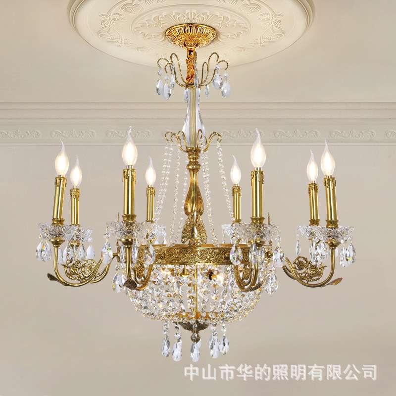 法式客厅卧室餐厅吊灯别墅复古田园欧式奢华复式楼水晶灯全铜灯具