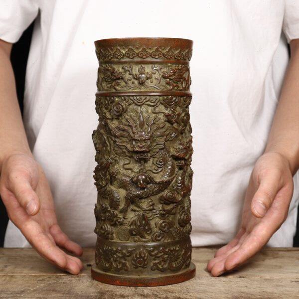 香筒纯铜九龙香筒笔筒大号仿古家居紫铜装饰品摆件古玩铜器收藏品