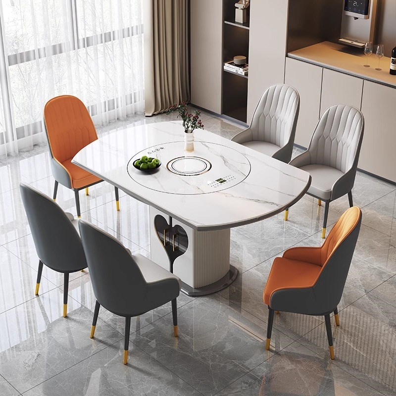 新款岩板餐桌椅家用智能语音暖菜C板带转盘电磁炉高端伸缩折叠圆