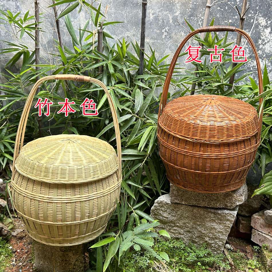 竹制品竹编大提篮 双层提篮 拜神篮子大容量竹篮子收纳 饭箩竹筐