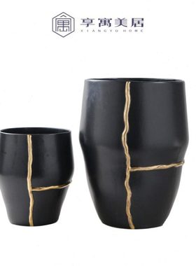 现代花瓶摆件黑色描金轻奢样板间售楼处插花器简约客厅电视柜摆设