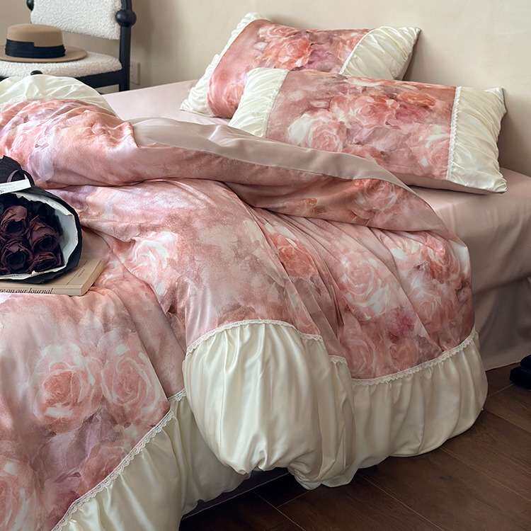 1法式春夏凉感天丝棉四件套浪漫玫瑰印花褶皱花边被套1.8m床上用