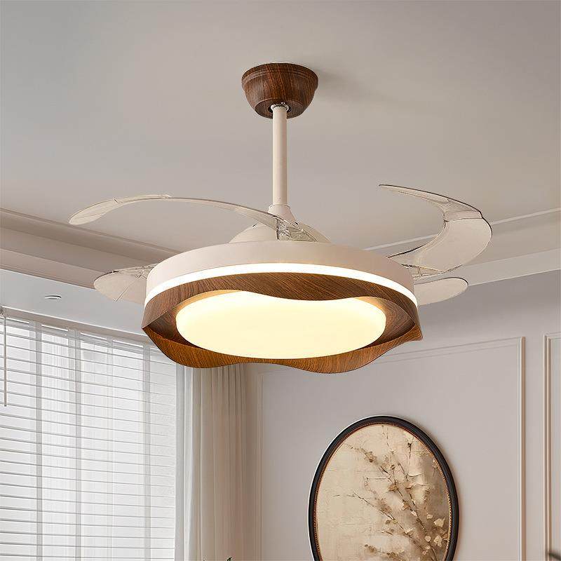 复古中古胡桃木纹风扇灯餐厅一体吊扇灯法式奶油风隐形客厅电扇灯