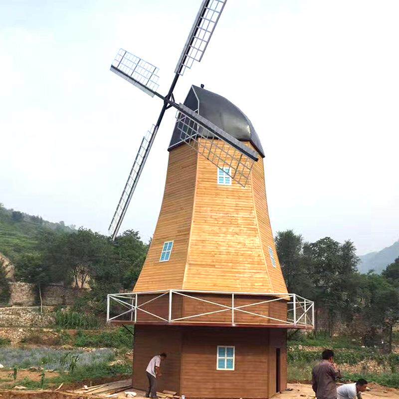 度假村防腐木风车龙骨架美陈引流设备 荷兰工业立体风车建筑模型