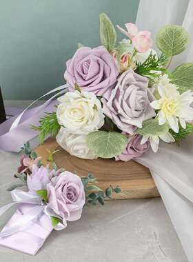 跨境新款紫色新娘手捧花仿真假花装饰婚庆用品户外摄影拍照道具