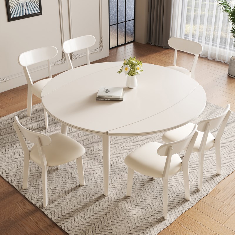 德驰家居法式奶油风岩板餐桌椅组合D伸缩可变圆桌小户型客厅家用