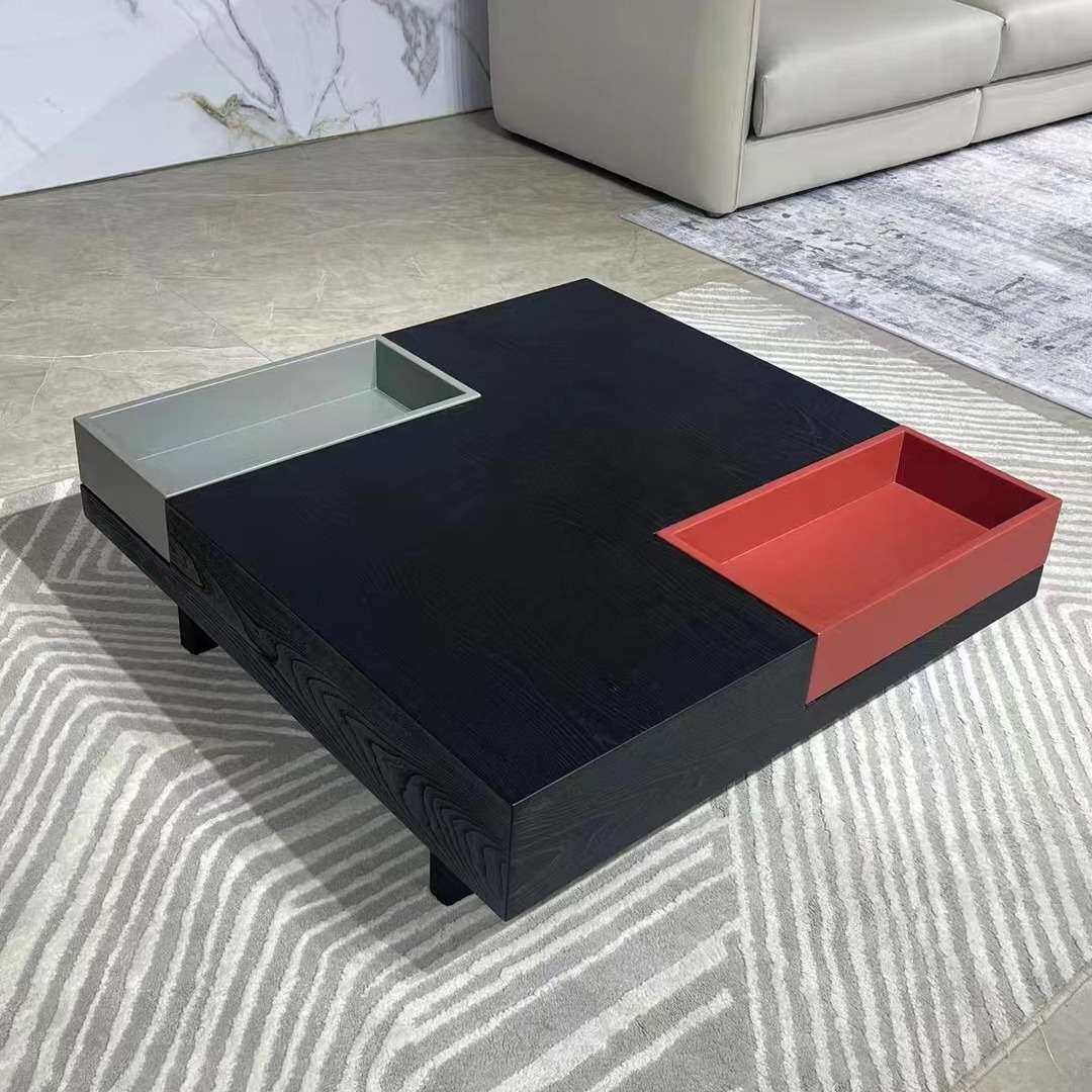 新款意大利设计师盒子实木正方形茶几个性黑橡木色客厅长方形茶几