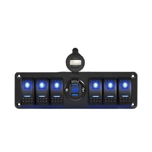 六位改装车船型开关面板 蓝色5P翘板开关带QC3.0车载充电器