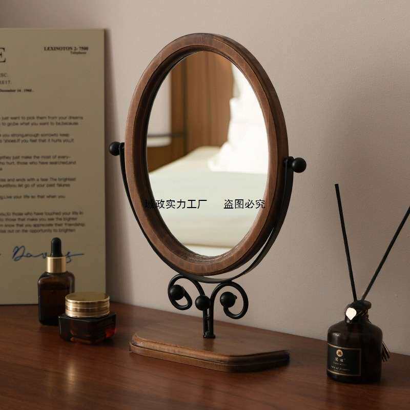 复古卧室台式镜子实木化妆镜家用桌面木质中式立式可旋转梳妆镜无