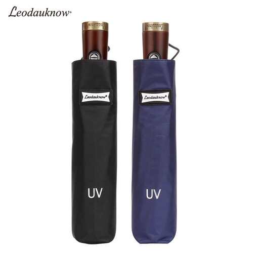 Leodauknow全自动十骨黑胶防晒伞实木铜柄加固商务伞晴雨伞广告