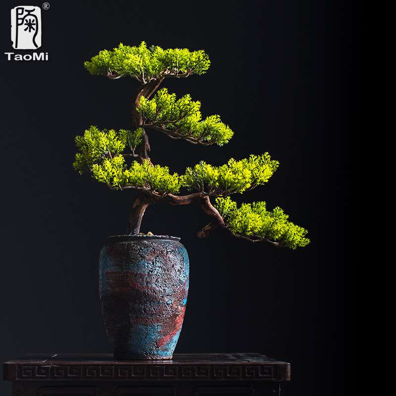 陶迷迎客松家居摆件枫叶客厅玄关软装绿植装饰禅意盆景样板间饰品