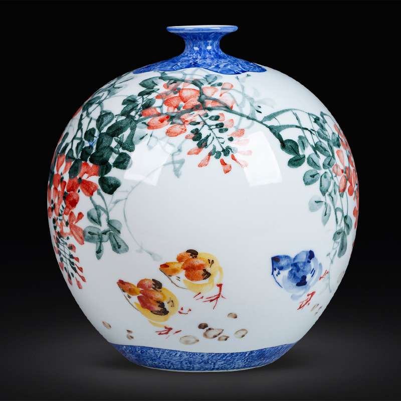 景德镇名师作品陶瓷小花瓶高档手绘粉彩石榴瓶手工绘画圆形插花瓶