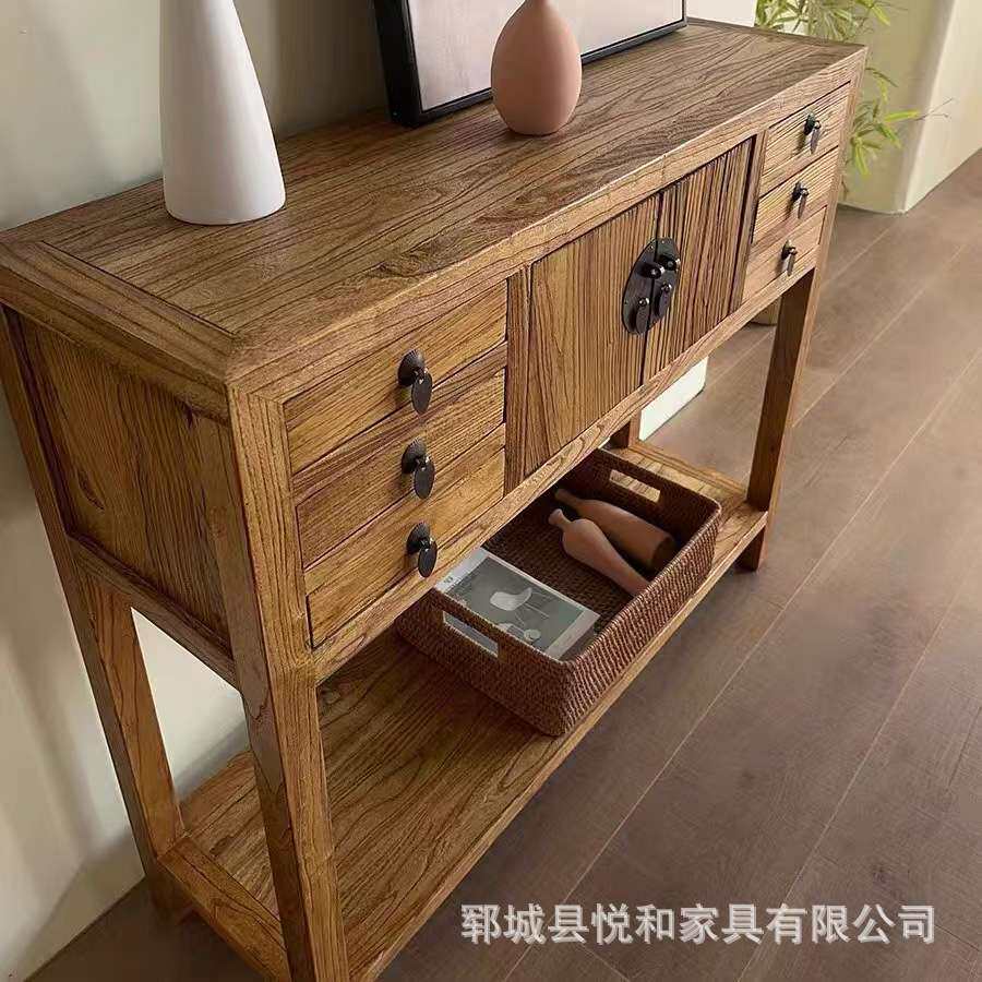 新中式入户玄关桌实木复古抽屉式玄关收纳柜风化老榆木民宿装饰柜