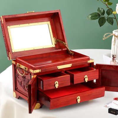 实木饰品中国风盒子木梨花手饰盒盒珠宝首饰盒红木带锁盒收纳复古