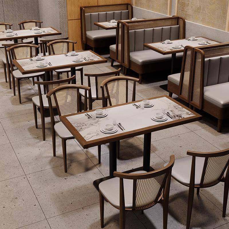 中古实木编藤卡座沙发东南亚风茶餐厅桌子湘菜火锅店桌椅组合商用