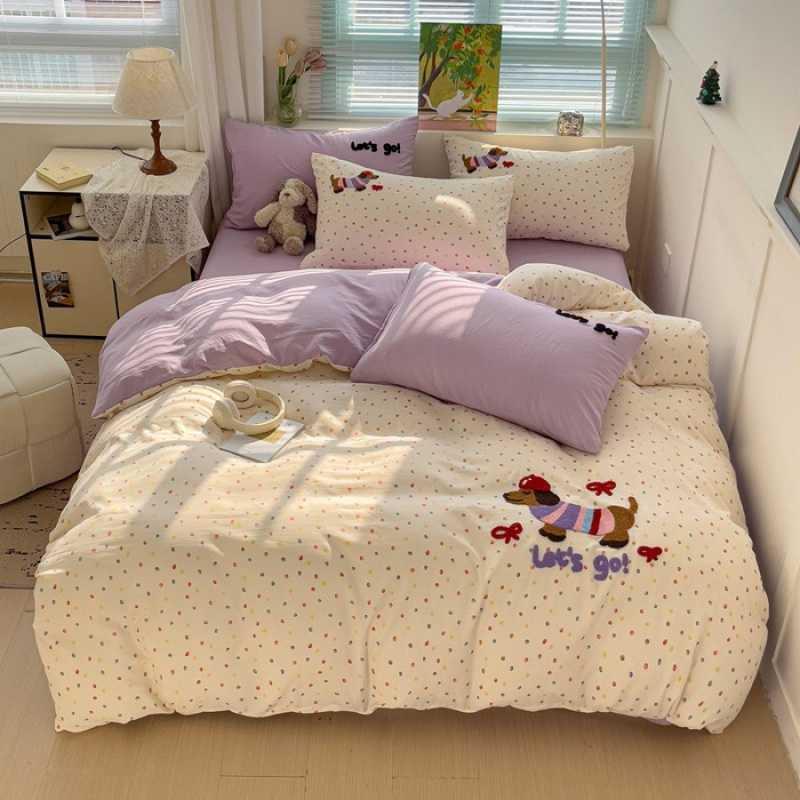 2025新款水洗云朵毛巾绣印+绣系列四件套傲娇狗狗-米白网红爆款