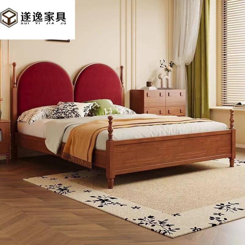 法式复古实木床樱桃色现代简约中古风双人床1米8主卧公主储物大床