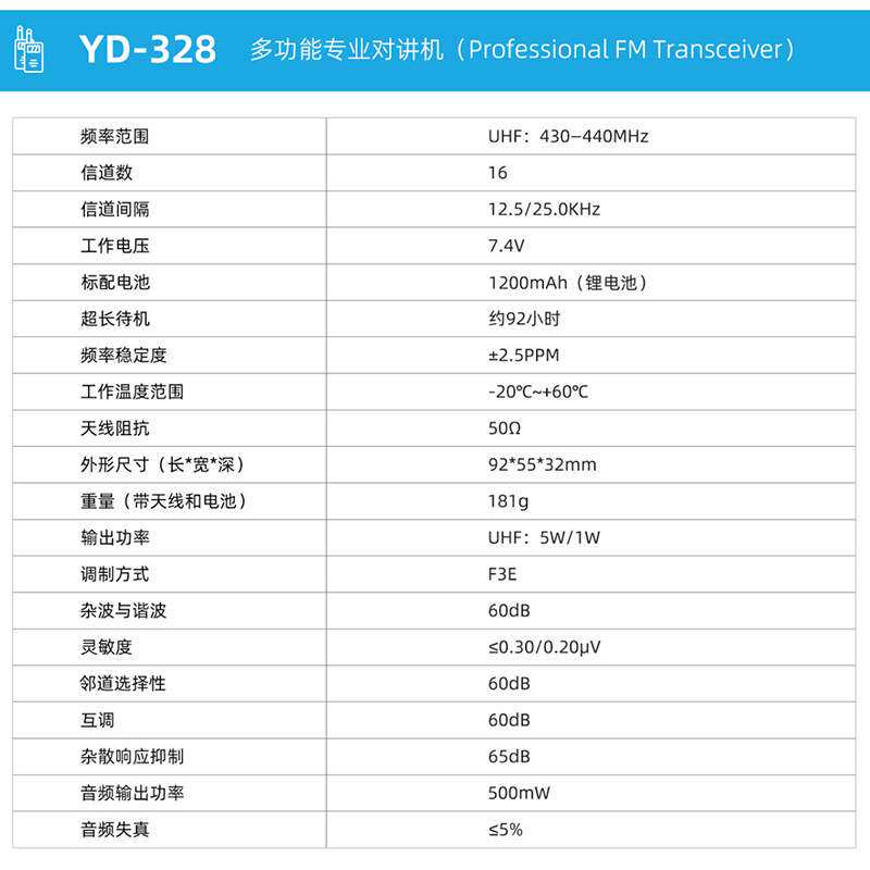 熠达通Yedat YD328 5W大功率对讲机 小巧便携远距离专业手持台