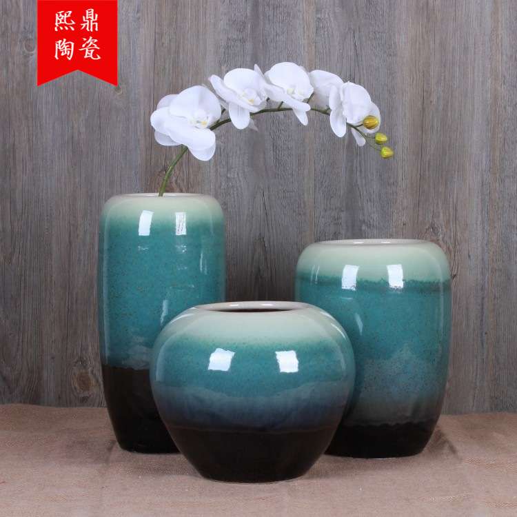 景德镇手工拉胚做旧花瓶三件套 颜色釉粗陶花器古典家居装饰摆件