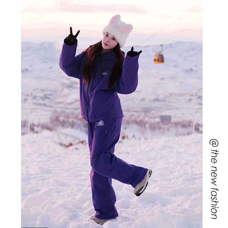 暗紫色单双板加绒滑雪服套装情侣户外防水俩件套登山服男女款