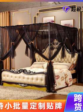 新款公主风灰色蚊帐宫廷四开门落地双层蚊帐黑色加密梦幻方顶蚊帐