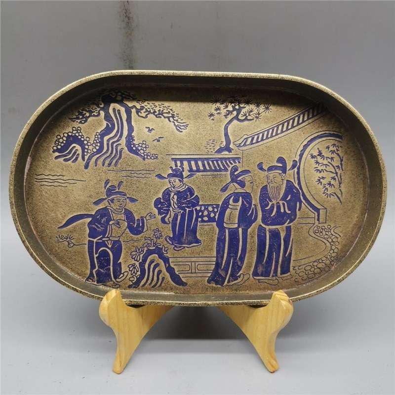 铜盘子黄手工漆绘仿古铜器茶盘托盘家居办公茶道装饰工艺品摆件