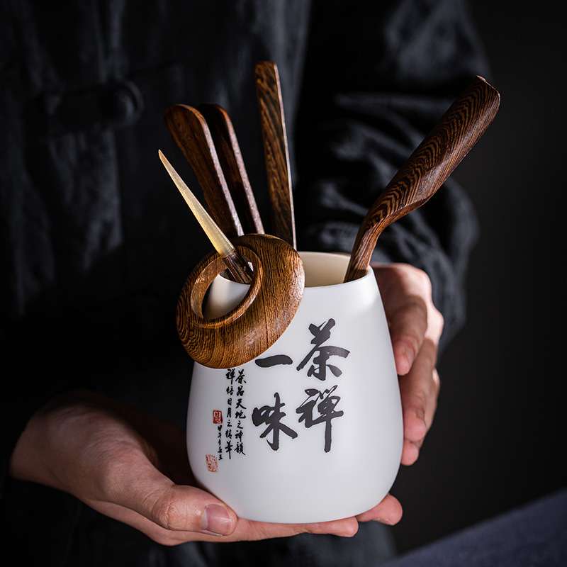 赢匠羊脂玉德化白瓷实木茶道六君子套装陶瓷多功能收纳桶花瓶配件