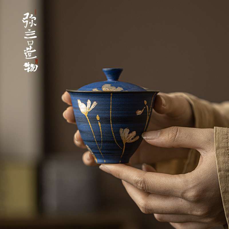 弥言克莱因蓝粉引盖碗手工粗陶泡茶碗茶杯金银纯手绘格桑花泡茶器
