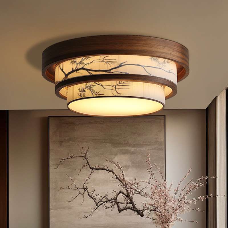 宋代美学圆形多层蛋糕造型吸顶灯竹叶山水绘画顶灯卧室餐厅主灯