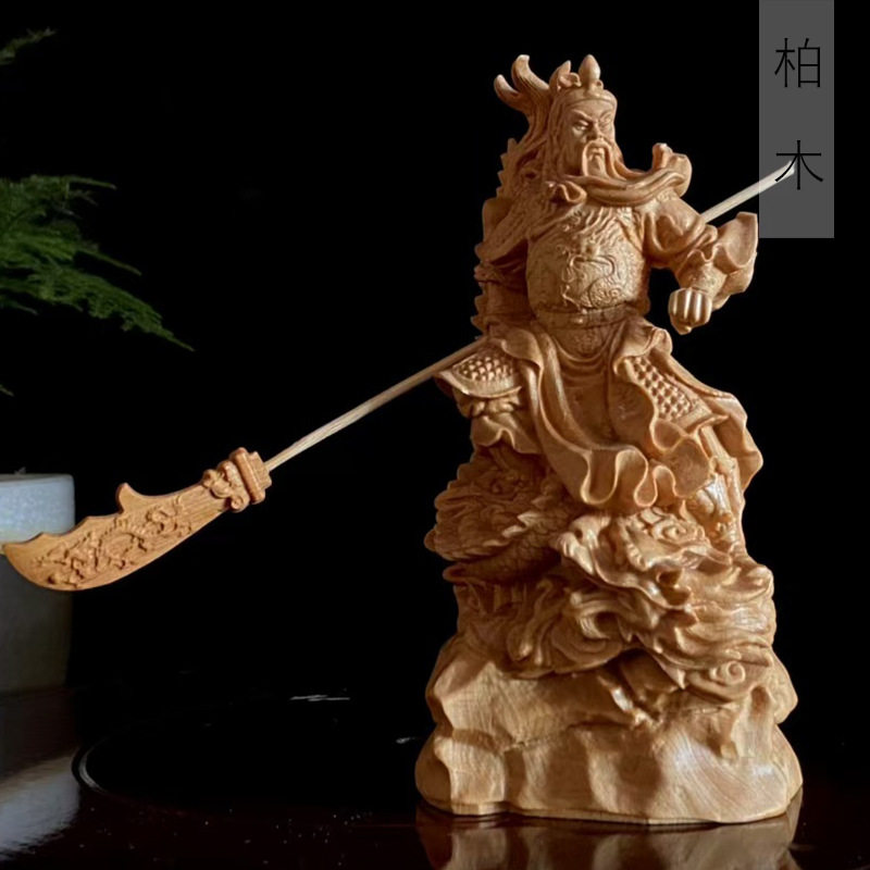 柏木雕刻御龙关公款摆件摆饰规格12×5.4×4桌面装饰木制盘玩工艺