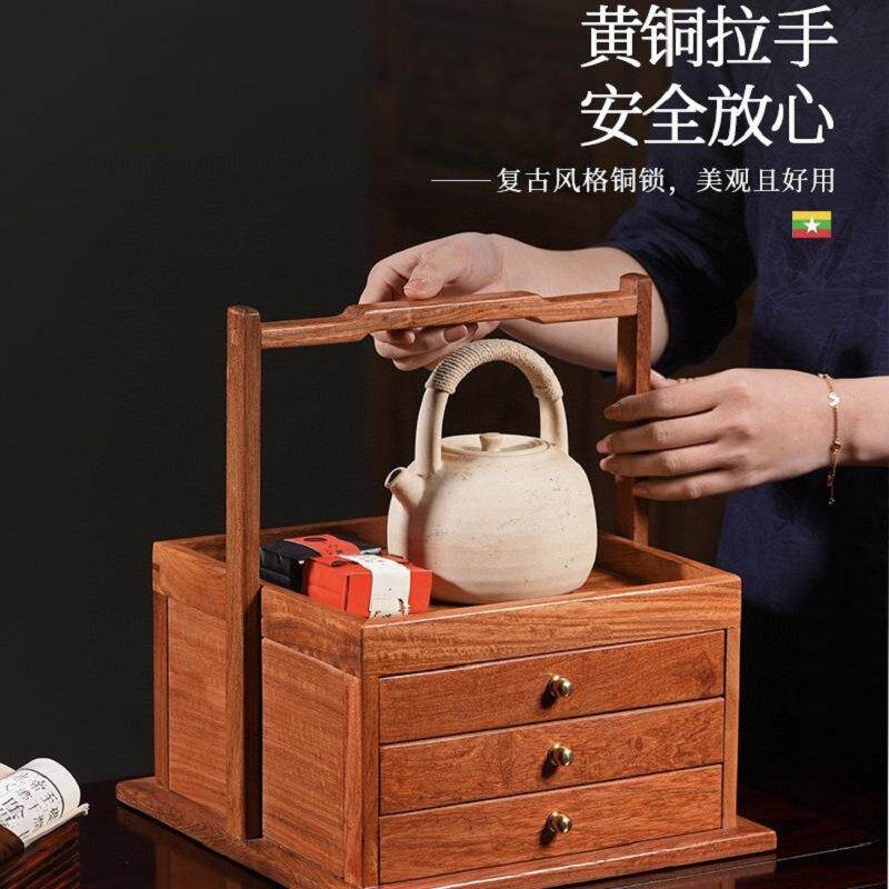 厂家缅甸花梨三层提篮 桌面收纳柜中式抽屉斗柜 摆件装饰简易