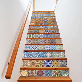 亚马逊货源仿真彩色花纹瓷砖楼梯贴即剥即离墙贴台阶楼梯家居装饰