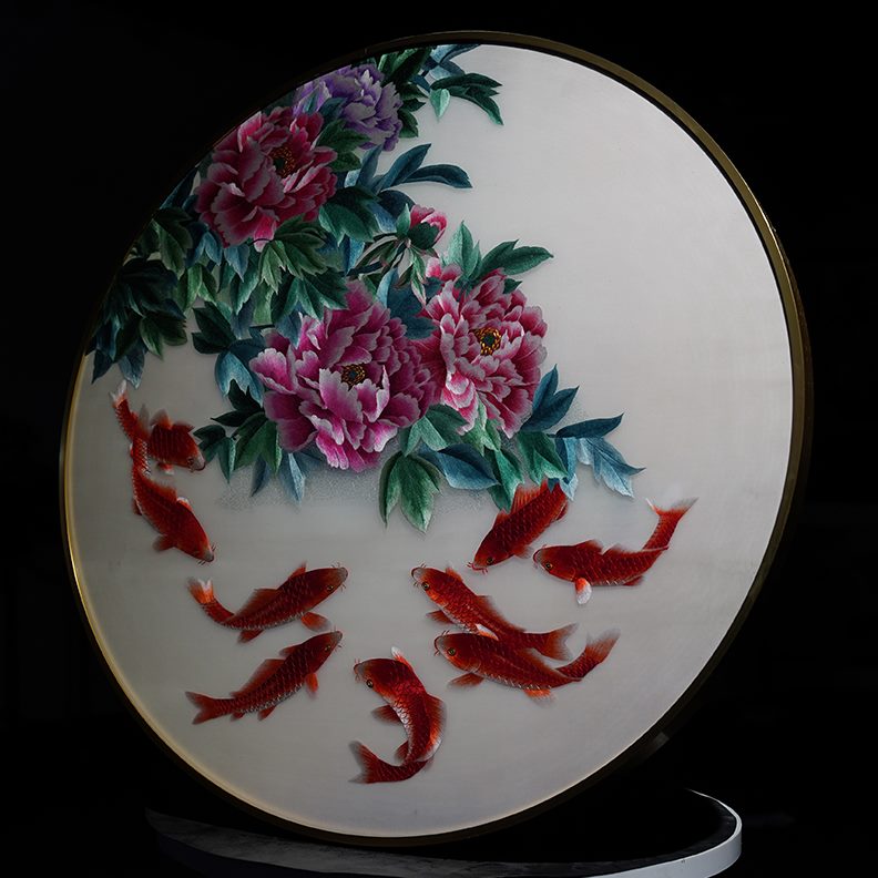 九鱼图新中式装饰画苏绣刺绣玄关圆形手工书房墙画成品客厅沙发图片