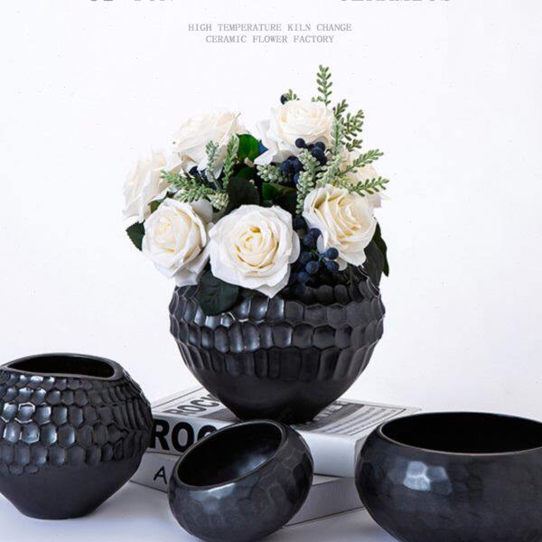 小花盆圆球面陶瓷花瓶多肉样板房现代干花黑白器立体极简摆件饰品