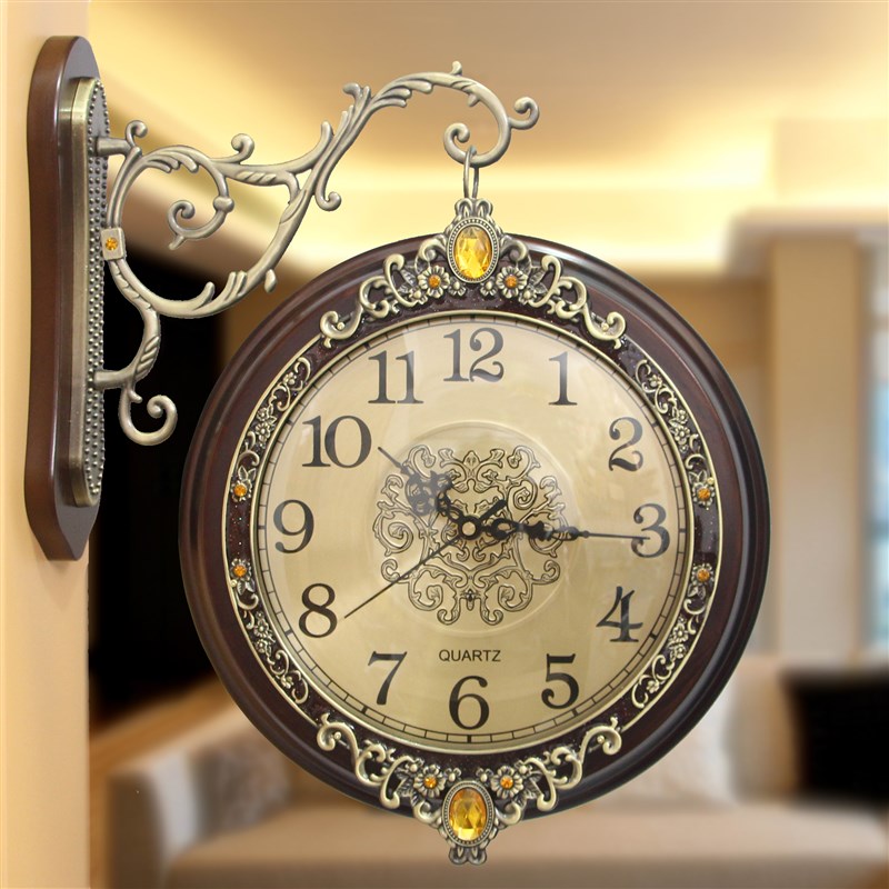 欧式实木金属双面挂m钟静音欧式客厅两面挂表创意墙钟石英钟表大