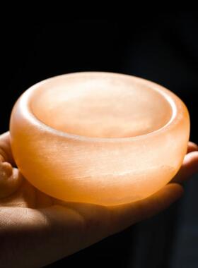 新石膏碗天然石膏矿石碗冥想消磁碗疗愈摆件圆形爱心碗橙色工艺品