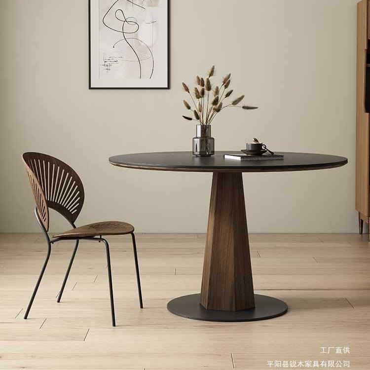 实木圆形岩板餐桌简约小户型纯黑圆桌复古黑胡桃色家用餐厅饭桌