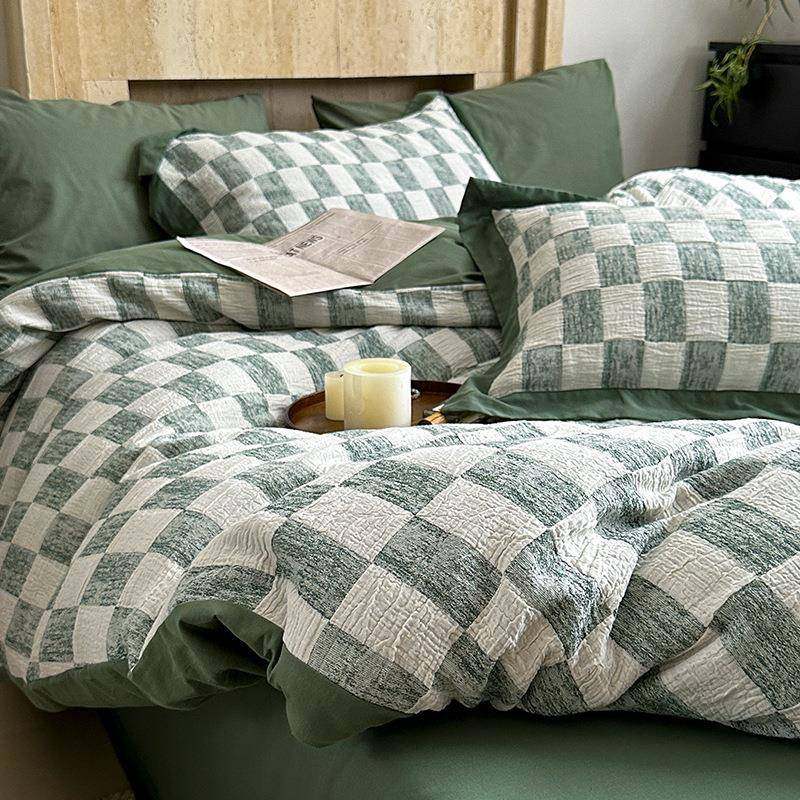 60S纯棉水洗棉四件套空气棋盘系列加厚全棉复古风床单床笠款套件