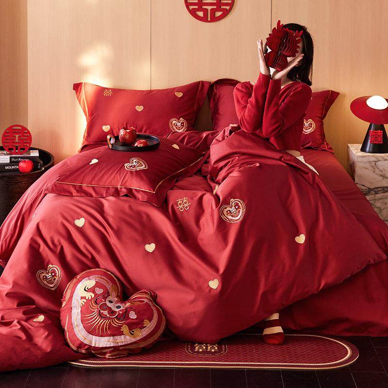 A类全棉刺绣欢喜龙龙婚庆四件套床单被套大红色结婚房床上用品