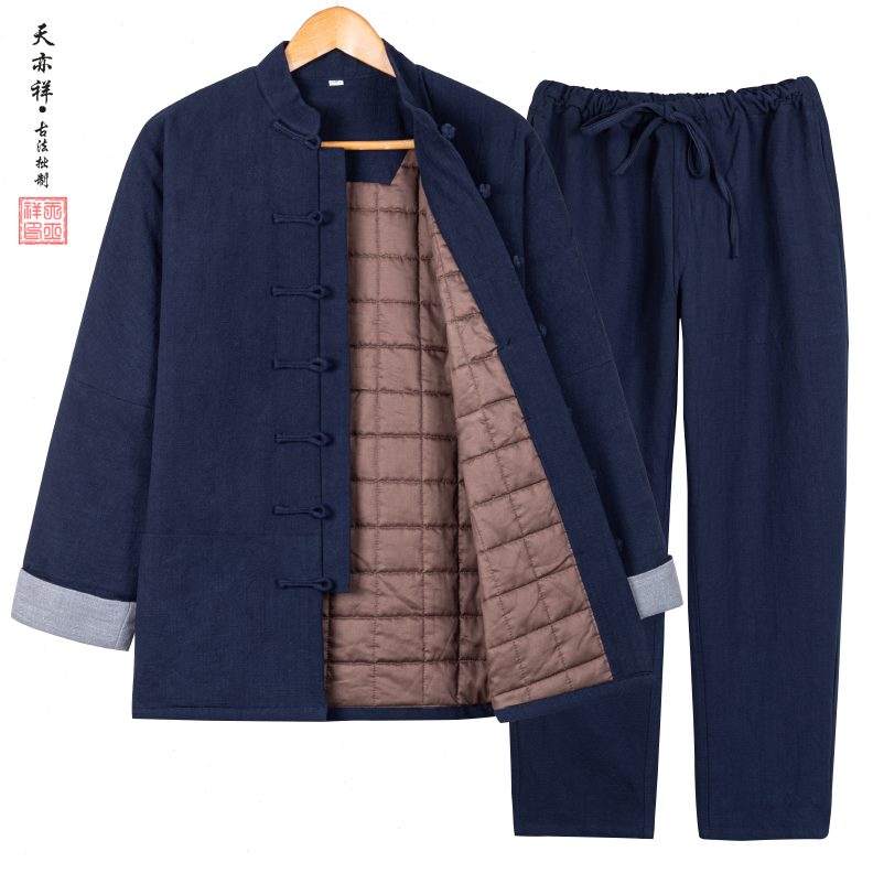 居家爸爸男式棉服中老年亚麻棉衣中国风冬季套装唐装棉袄盘扣爷爷