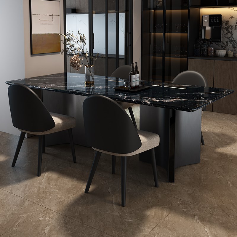 小户型意式极g简纯黑色大理石长方形餐桌椅组合家用现代简约饭桌