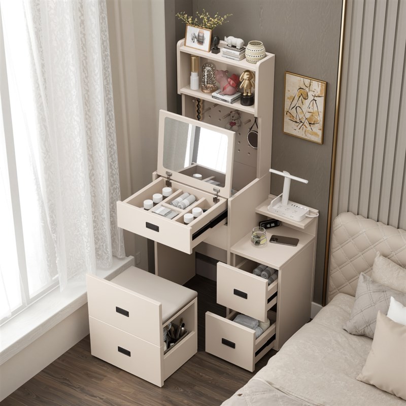 实木梳妆台床头柜l一体小户型可翻盖斗柜卧室化妆桌现代简约化妆