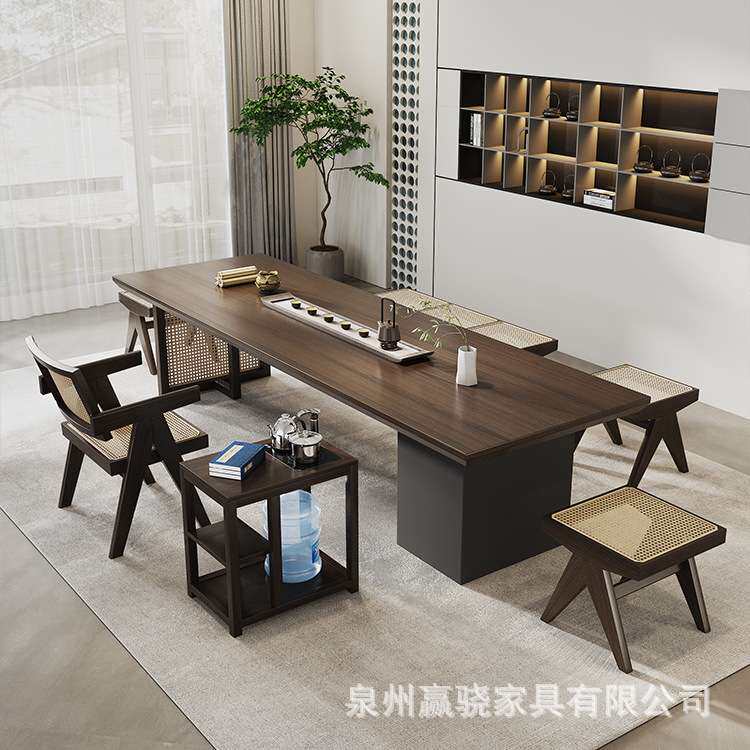 新中式实木茶桌椅组合藤艺家用客厅办公泡茶桌子创意原木大板茶台