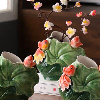 中式陶瓷客厅书房金鱼荷花瓶插干花水养挂壁创意玄关家居摆件个性